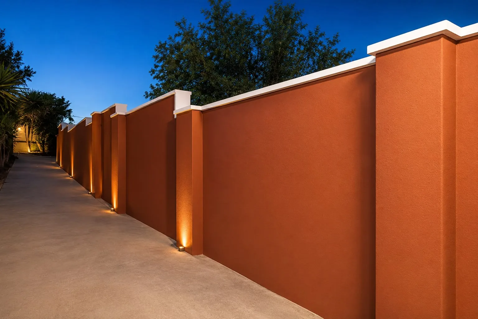 Muro de cerramiento exterior revestido y pintado en terracota, iluminado al atardecer