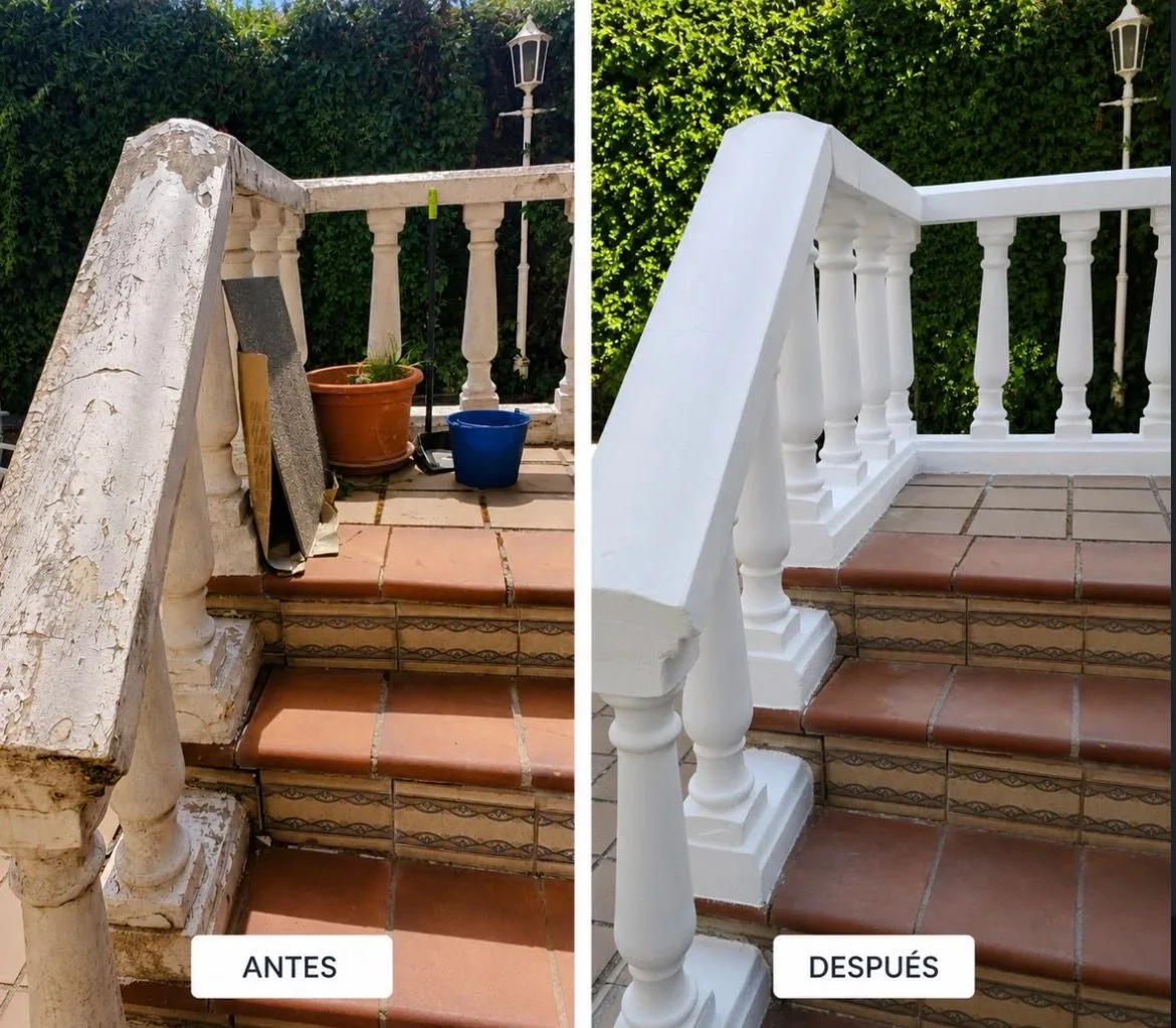 Antes y después: barandilla y escalera de chalet restauradas